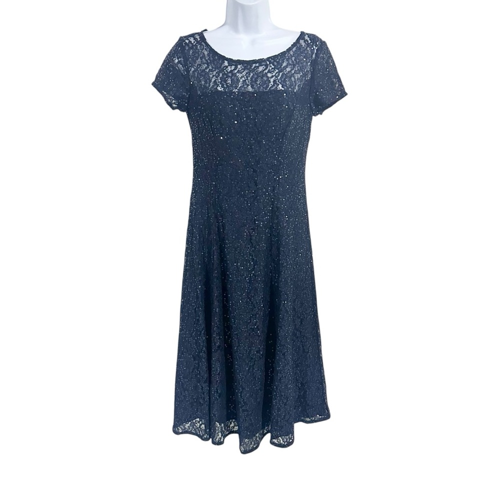 SLNY Navy Blue Sequin Lace Short Sleeve Midi Cocktail Evening Dress Size 2 NWOT - Picture 3 of 7